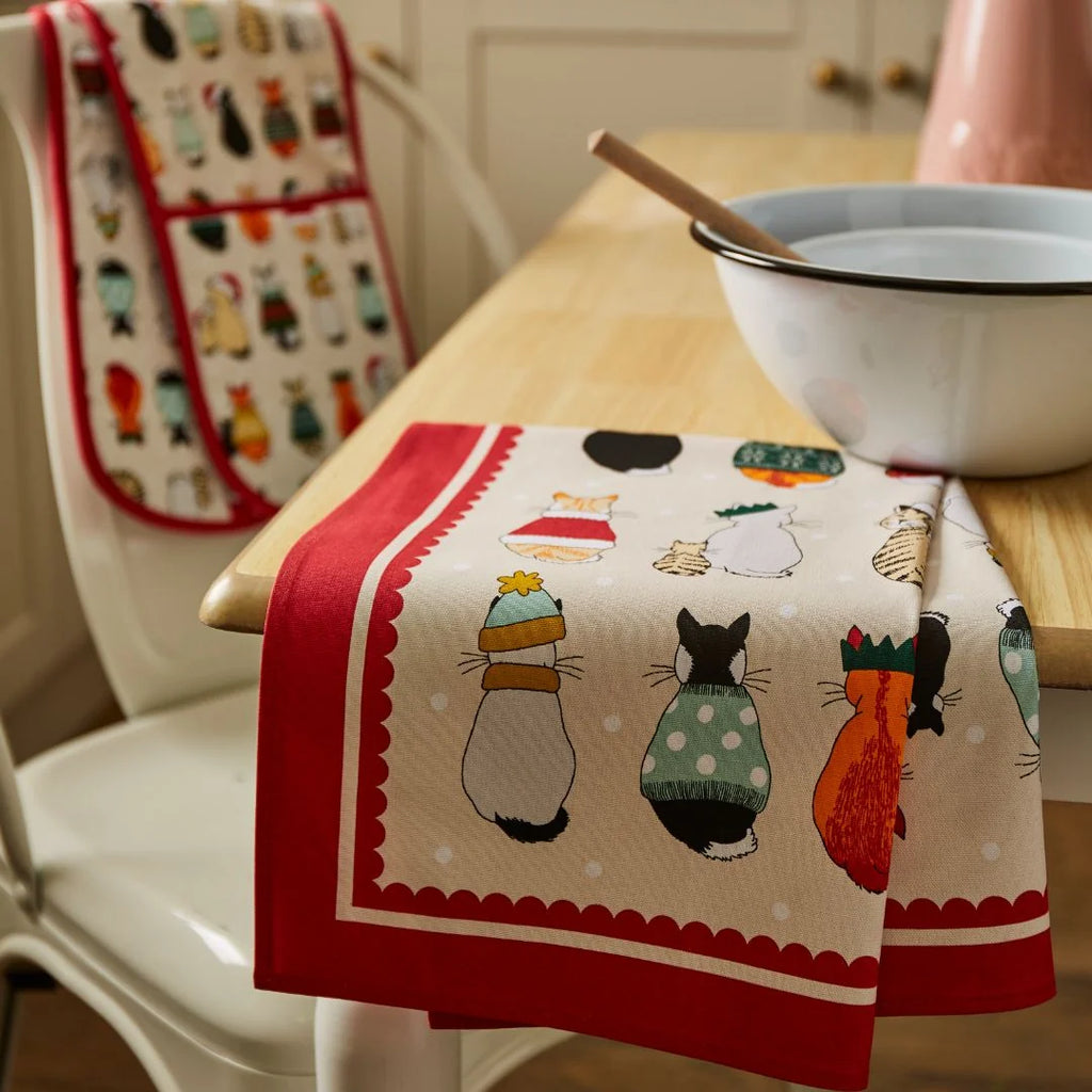 Ulster Weavers Christmas Cats in Waiting Cotton Tea Towel in Red