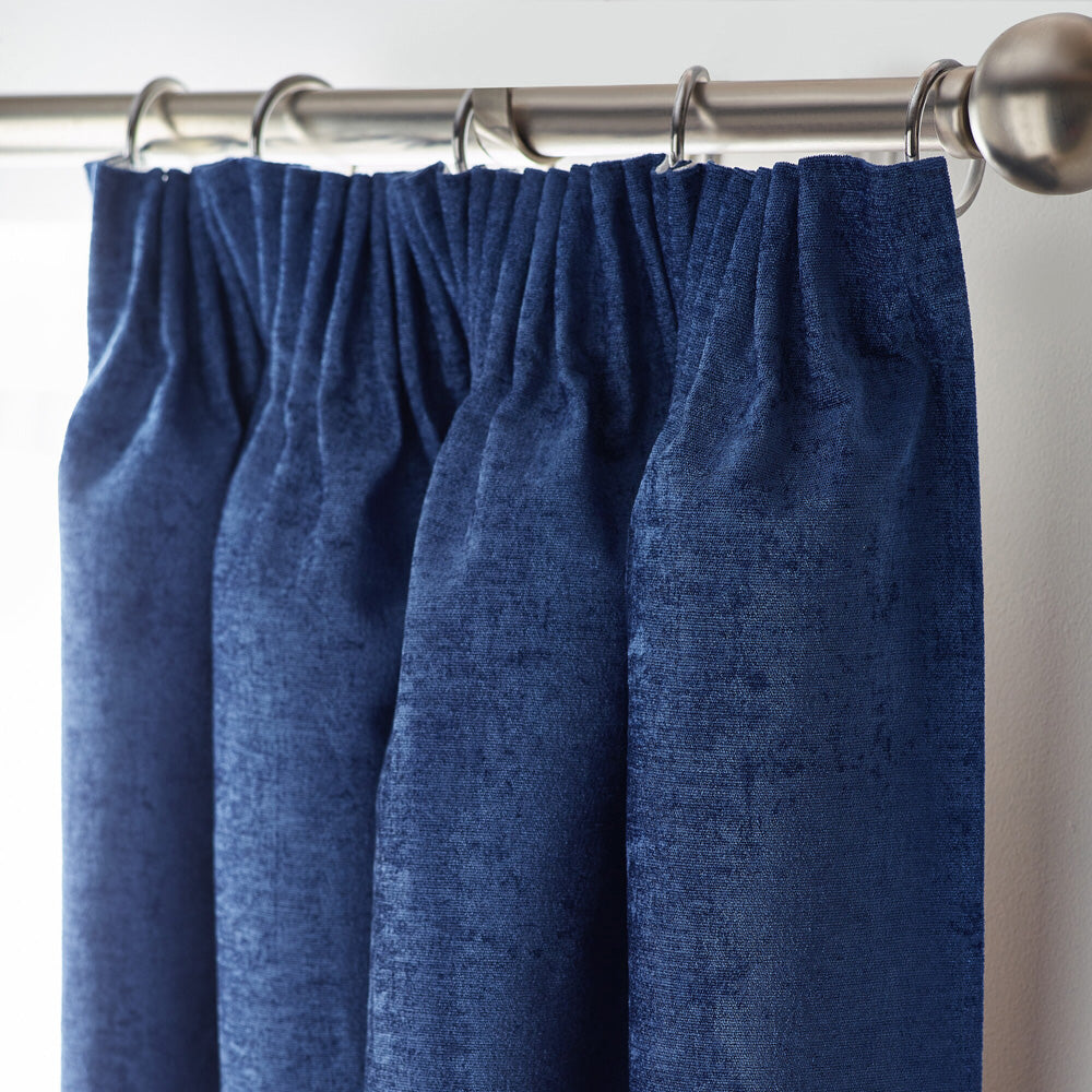 Chenille Thermal Blackout Pencil Pleat Curtains in Blue