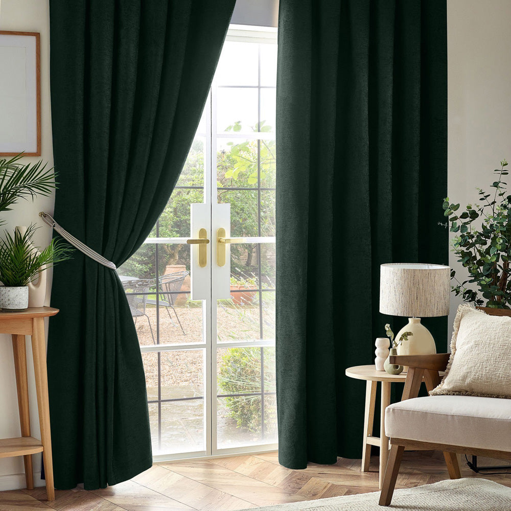 Chenille Thermal Blackout Pencil Pleat Curtains in Green