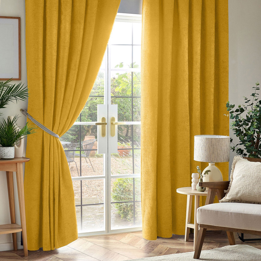Chenille Thermal Blackout Pencil Pleat Curtains in Ochre