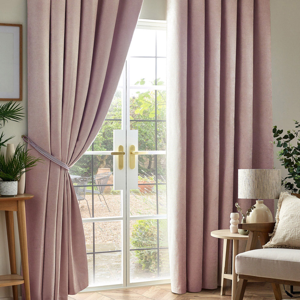 Chenille Thermal Blackout Pencil Pleat Curtains in Pink
