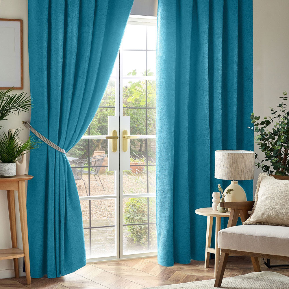 Chenille Thermal Blackout Pencil Pleat Curtains in Teal