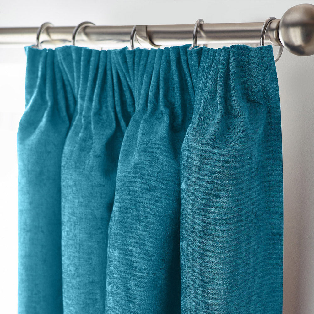 Chenille Thermal Blackout Pencil Pleat Curtains in Teal