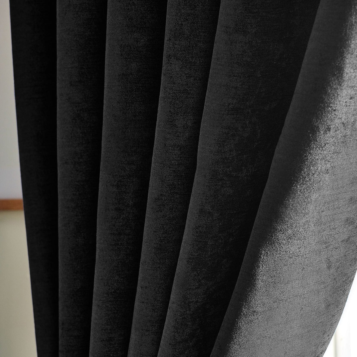 Chenille Thermal Blackout Pencil Pleat Curtains in Black