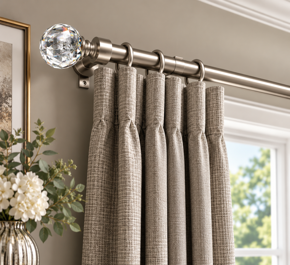 Satin Crystal brushed satin curtain pole styled with curtains in an elegant room.