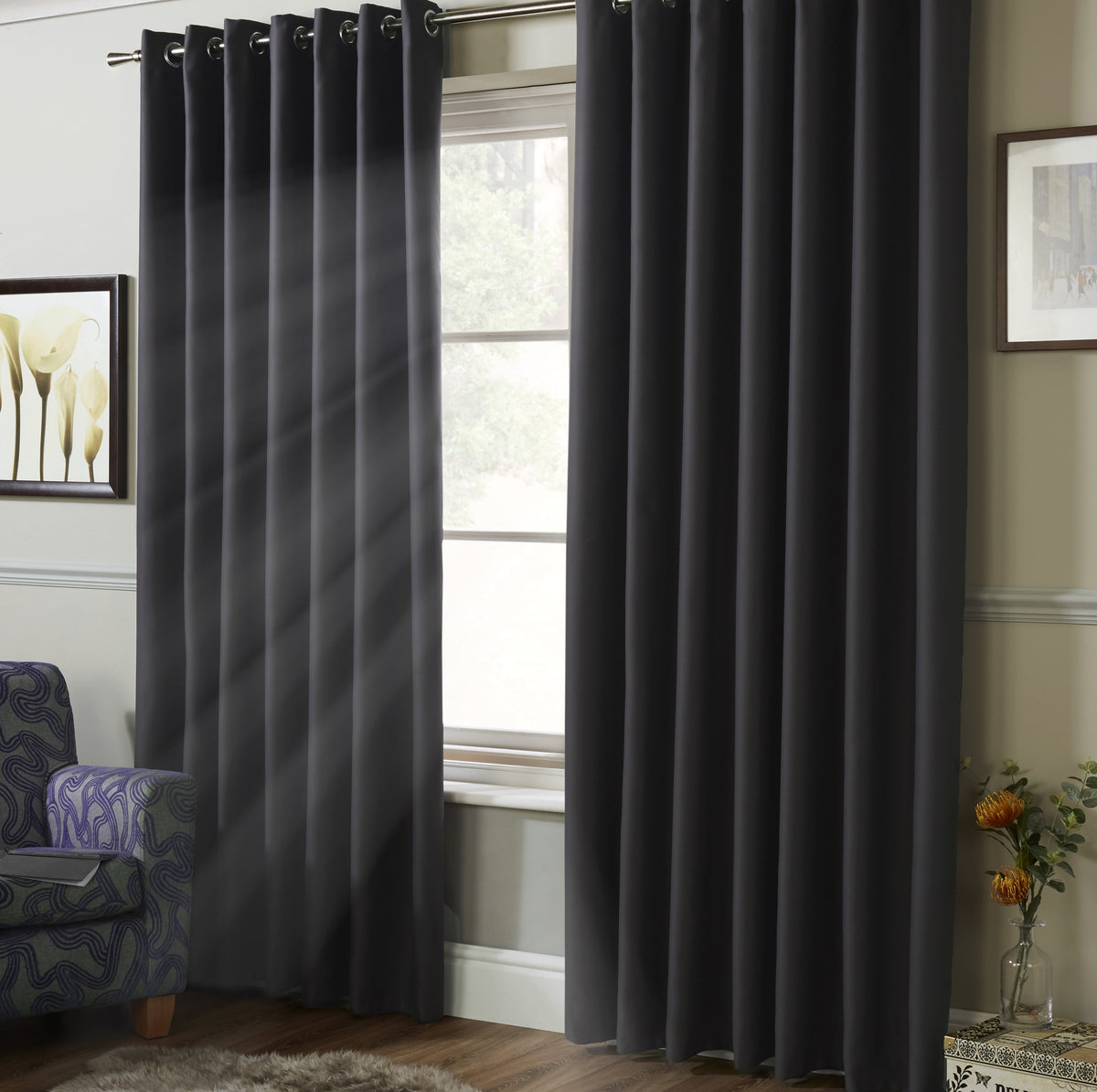 100% Blackout Eyelet Curtains in Charcoal