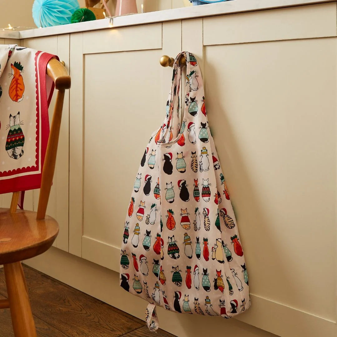 Ulster Weavers Christmas Cats in Waiting Foldable Tote Bag in Red/Cream