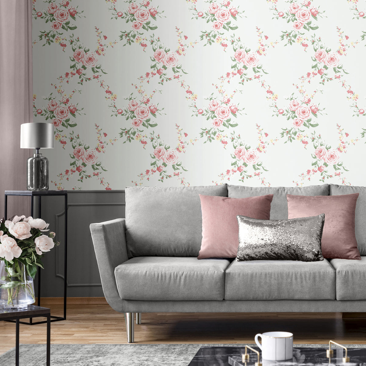 Catherine Lansfield Canterbury Floral Wallpaper in Red/Grey