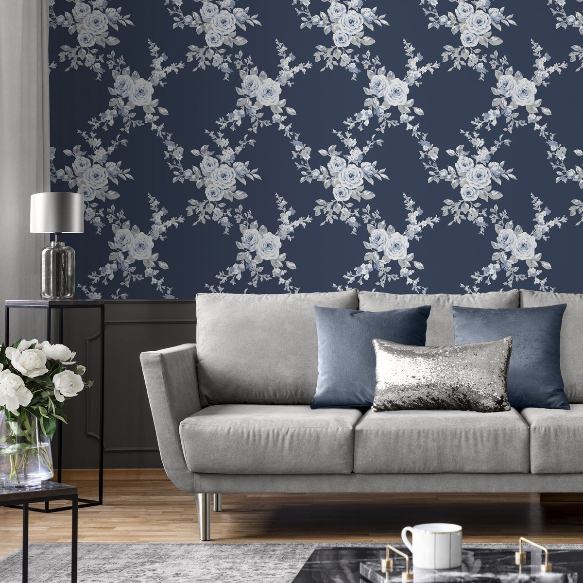 Catherine Lansfield Canterbury Floral Wallpaper in Navy