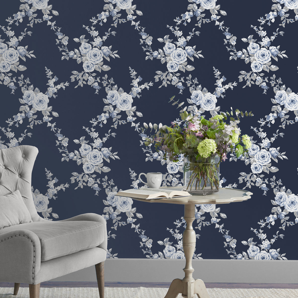 Catherine Lansfield Canterbury Floral Wallpaper in Navy