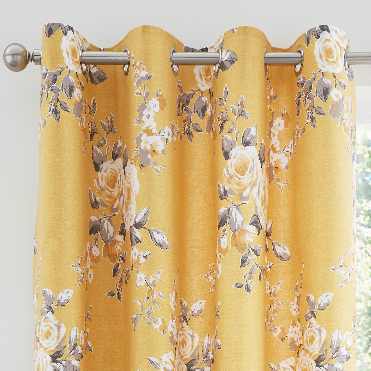 Catherine Lansfield Canterbury Floral Eyelet Curtains in Ochre 66 x 72 Inch