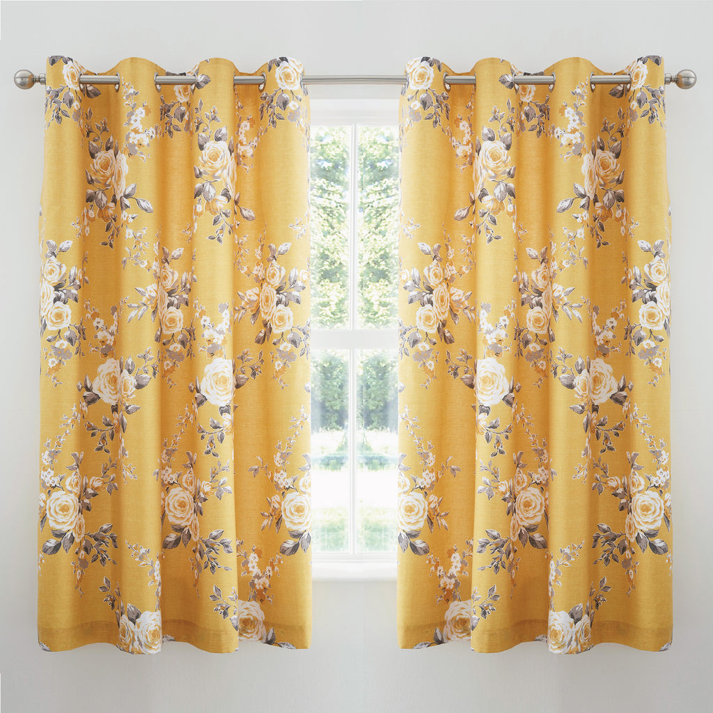 Catherine Lansfield Canterbury Floral Eyelet Curtains in Ochre 66 x 72 Inch