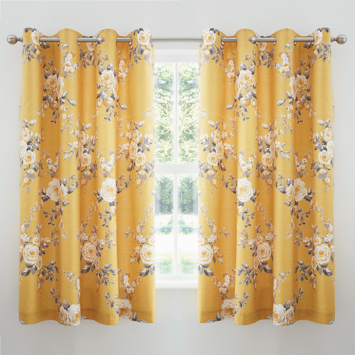 Catherine Lansfield Canterbury Floral Eyelet Curtains in Ochre 66 x 72 Inch