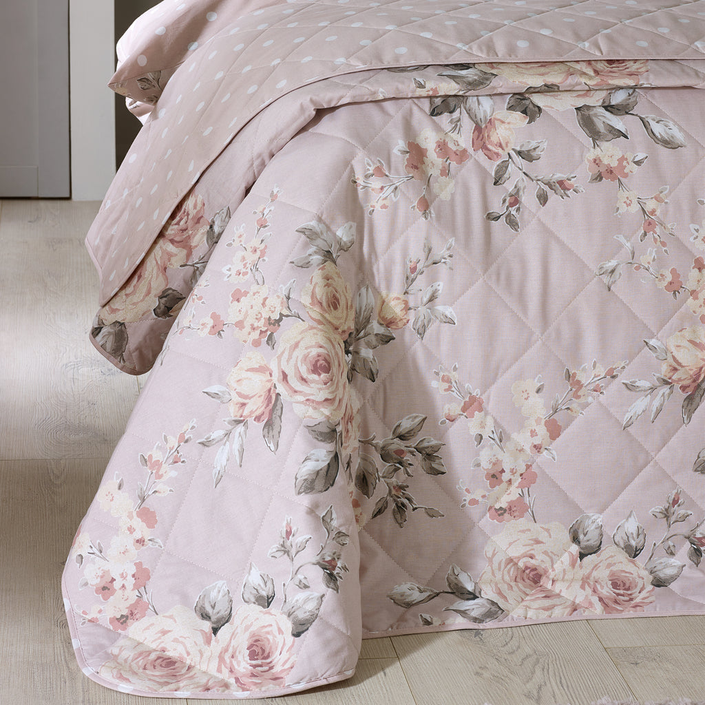 Catherine Lansfield Canterbury Floral Quilted 240x260cm Bedspread Blush Pink