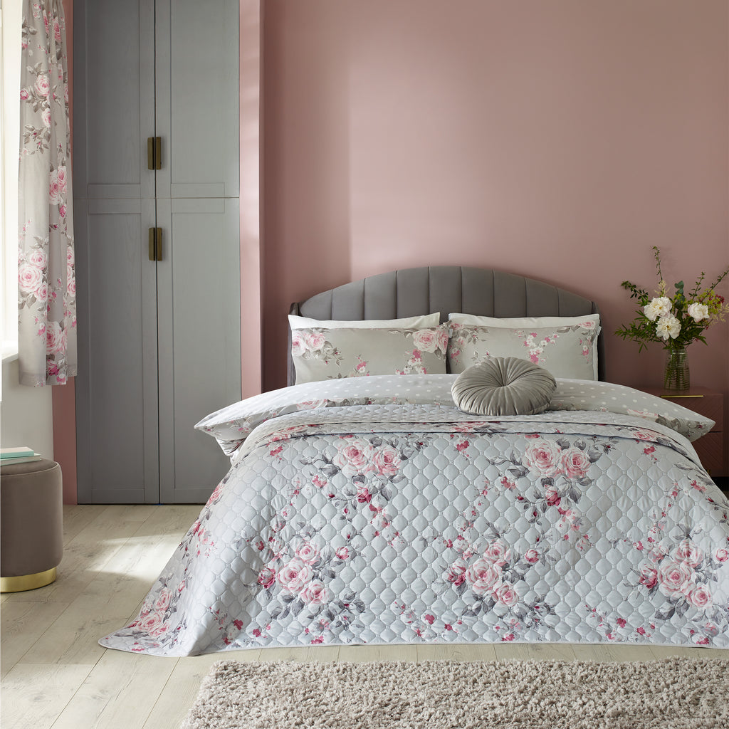 Catherine Lansfield Canterbury Floral Quilted 240x260cm Bedspread Grey