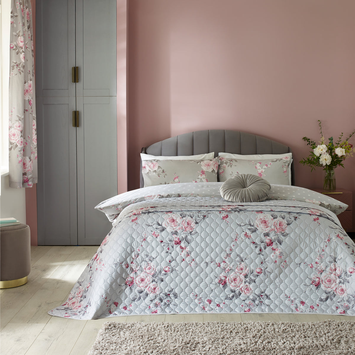 Catherine Lansfield Canterbury Floral Quilted 240x260cm Bedspread Grey