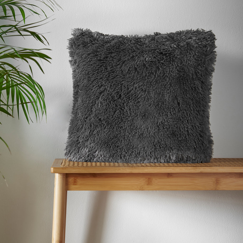 Catherine Lansfield Cuddly Deep Pile Faux Fur Cushion Charcoal Grey 45x45cm