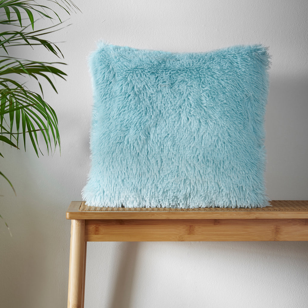 Catherine Lansfield Cuddly Deep Pile Faux Fur Cushion Duck Egg 45x45cm