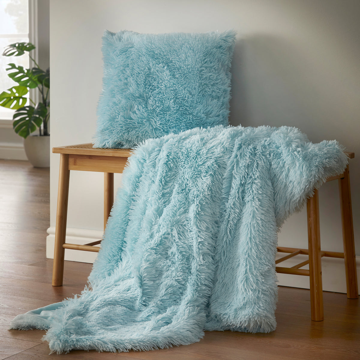 Catherine Lansfield Cuddly Deep Pile Faux Fur Cushion Duck Egg 45x45cm