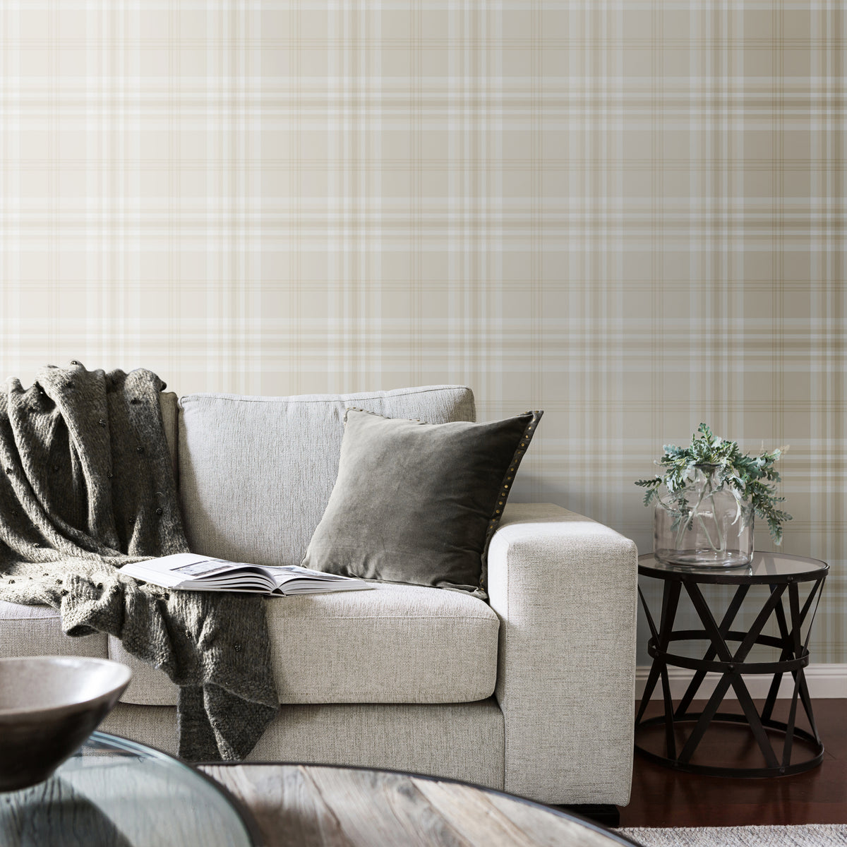 Catherine Lansfield Kelso Check Wallpaper in Cream