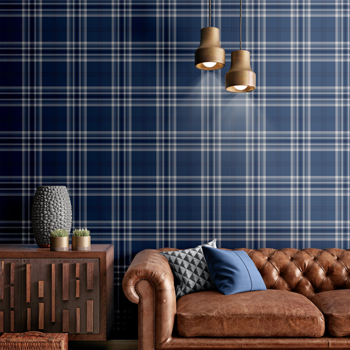 Catherine Lansfield Kelso Check Wallpaper in Navy Blue