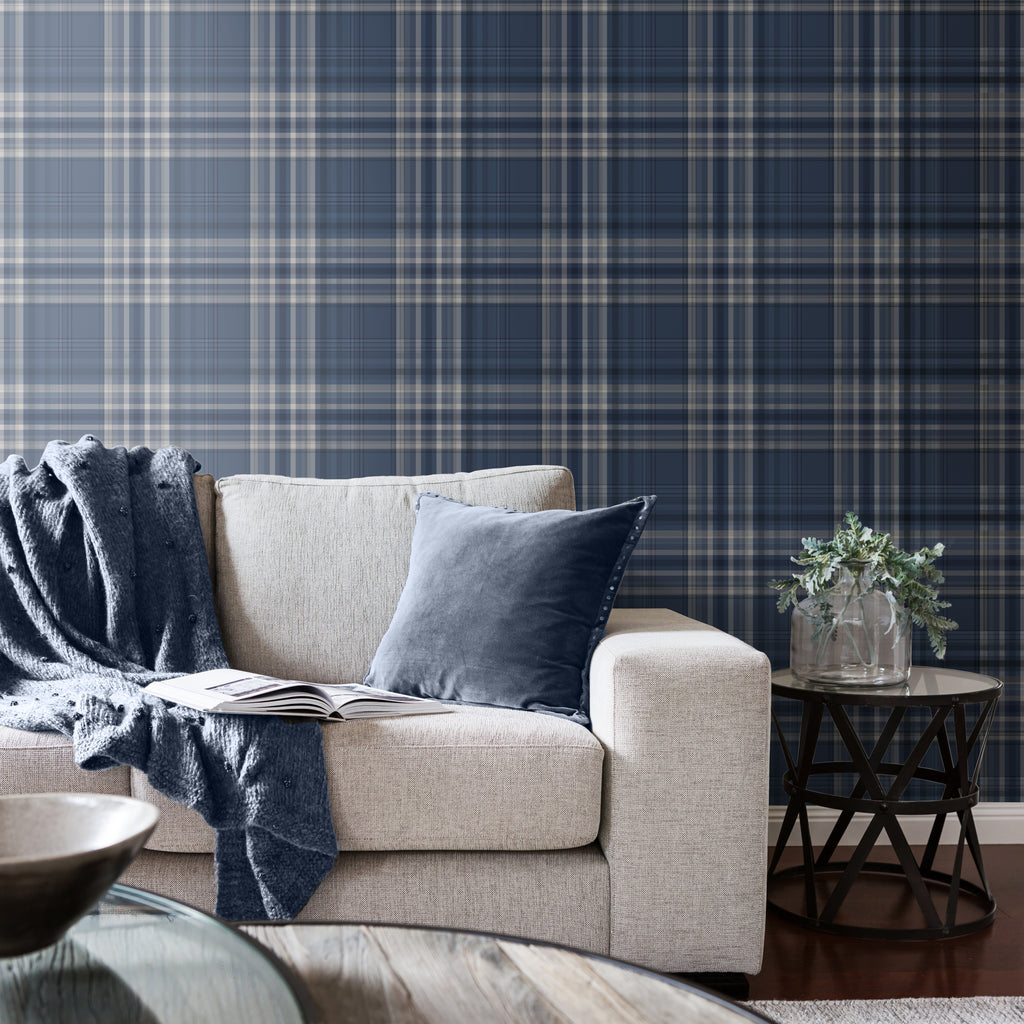 Catherine Lansfield Kelso Check Wallpaper in Navy Blue