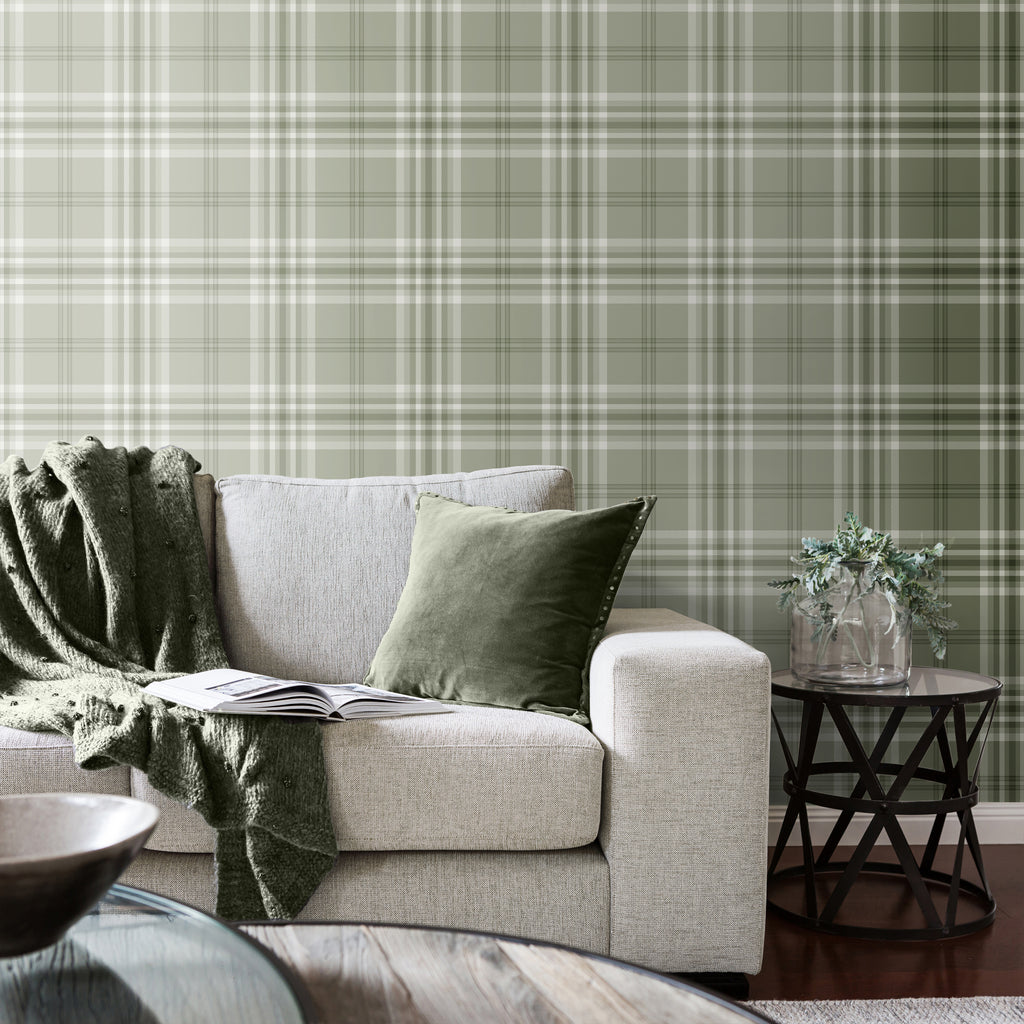 Catherine Lansfield Kelso Check Wallpaper in Sage Green