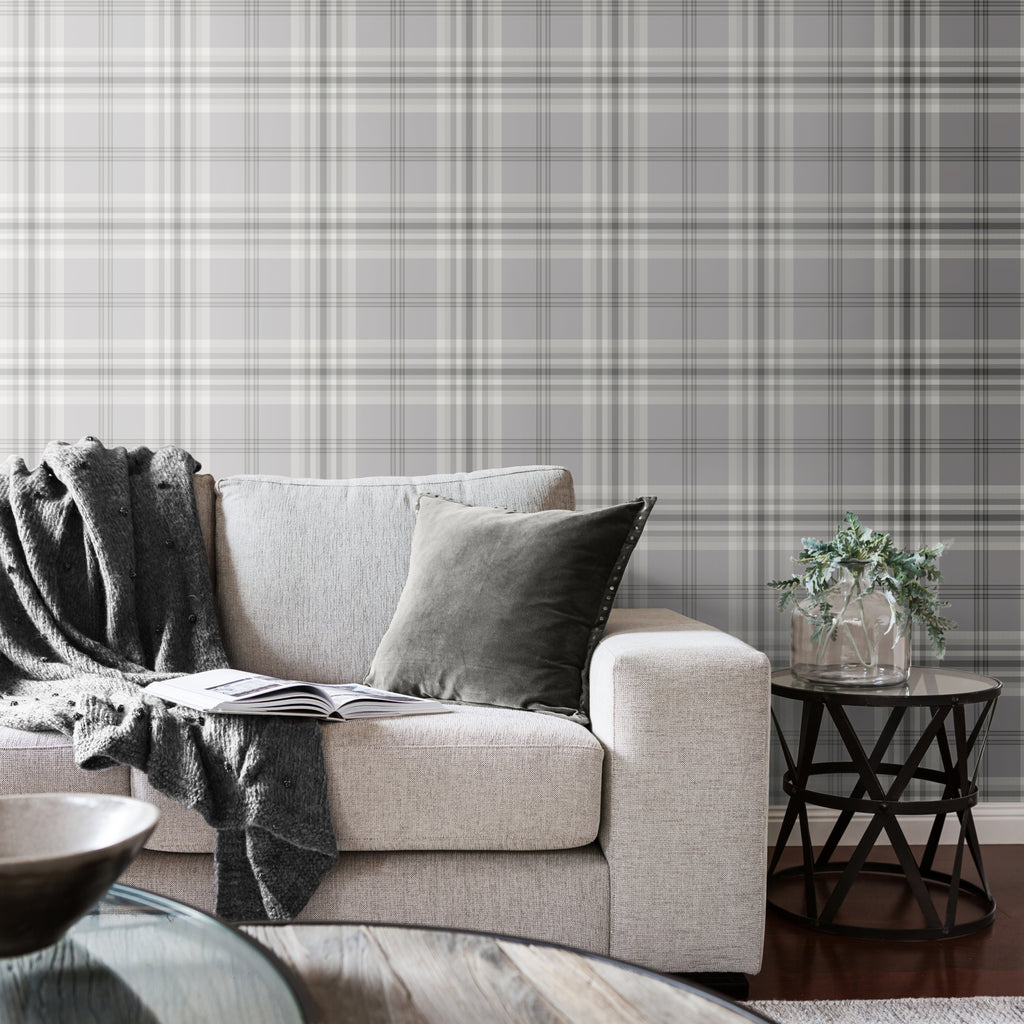 Catherine Lansfield Kelso Check Wallpaper in Silver