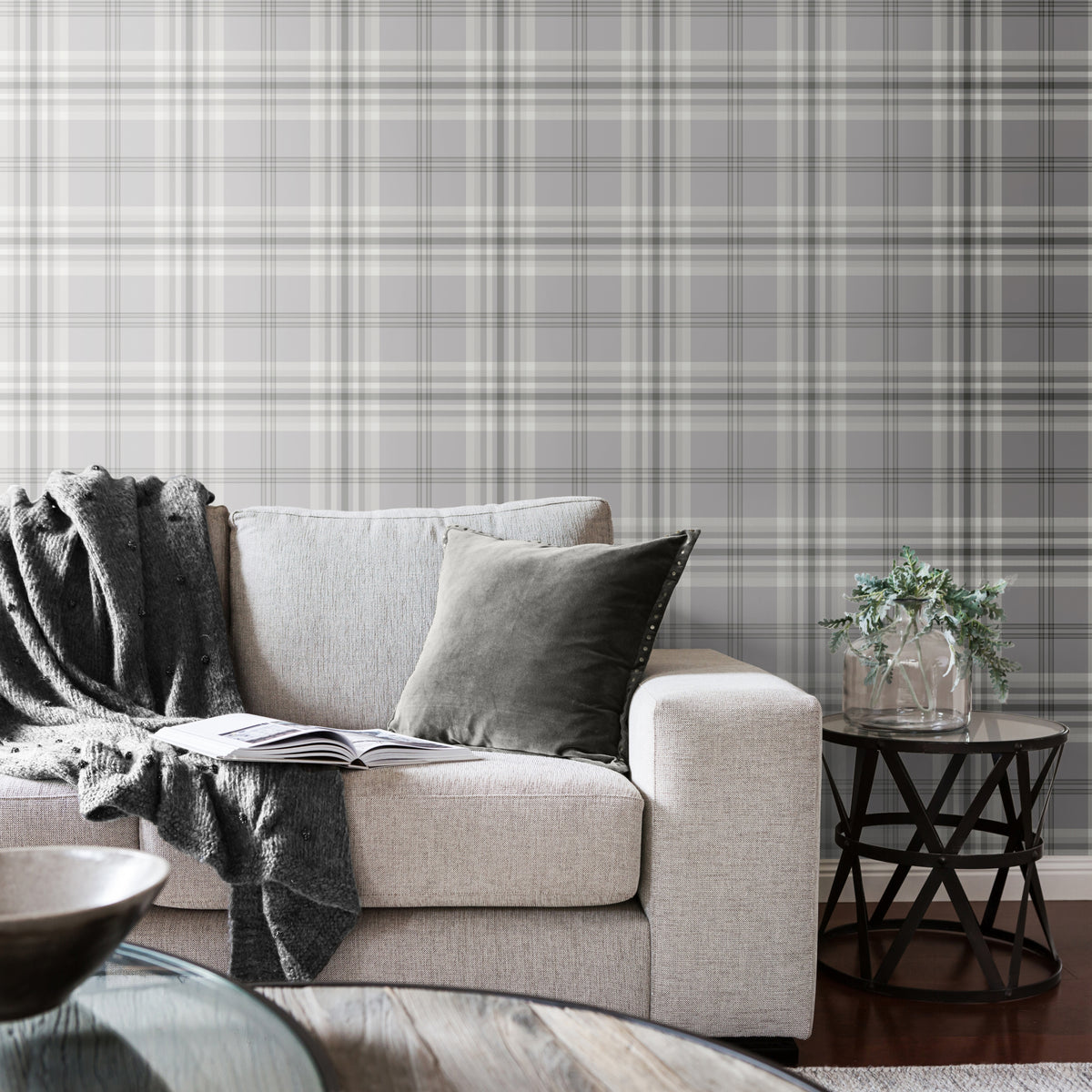 Catherine Lansfield Kelso Check Wallpaper in Silver