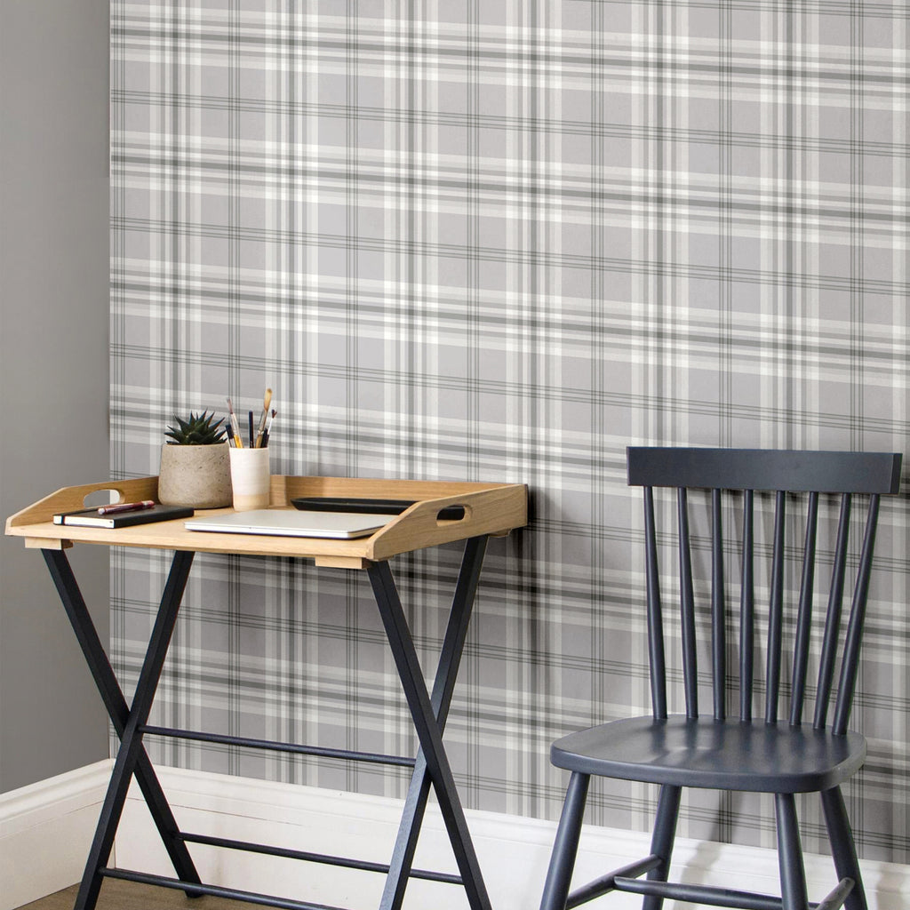 Catherine Lansfield Kelso Check Wallpaper in Silver