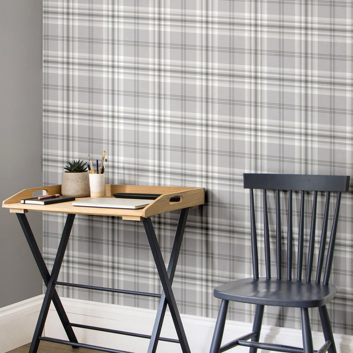 Catherine Lansfield Kelso Check Wallpaper in Silver