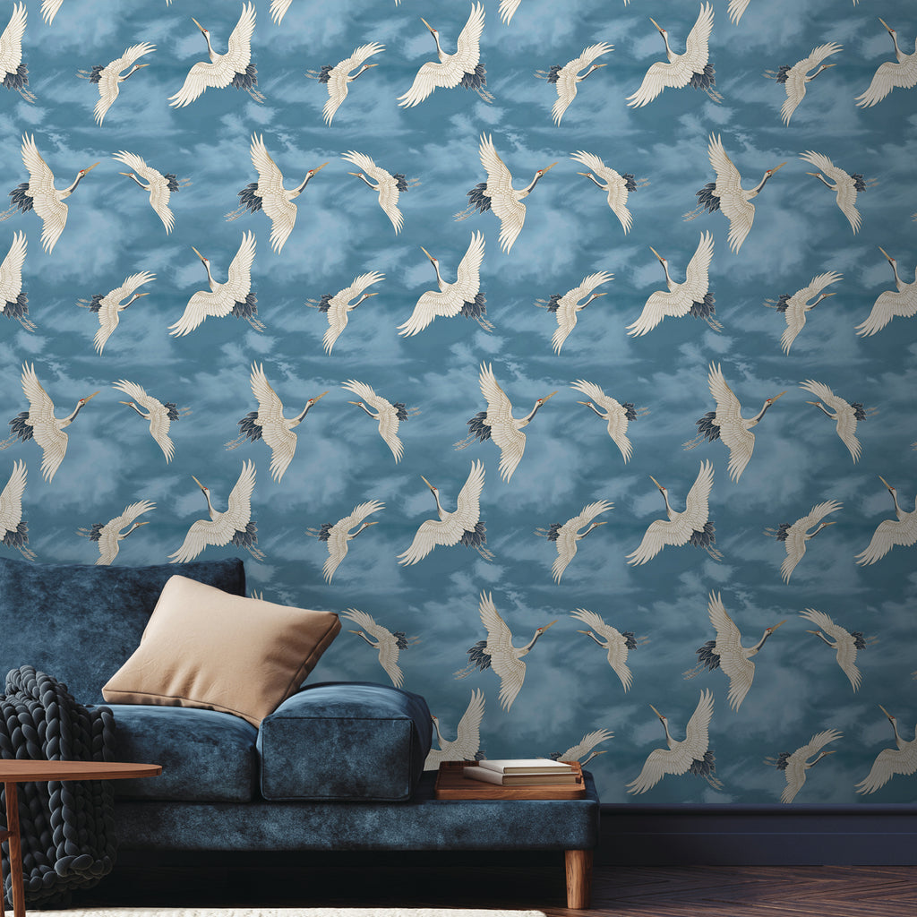 Catherine Lansfield Cranes Wallpaper in Blue