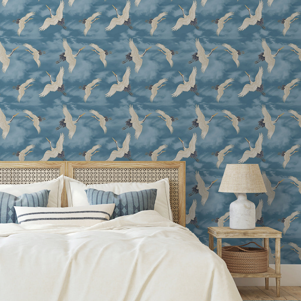 Catherine Lansfield Cranes Wallpaper in Blue