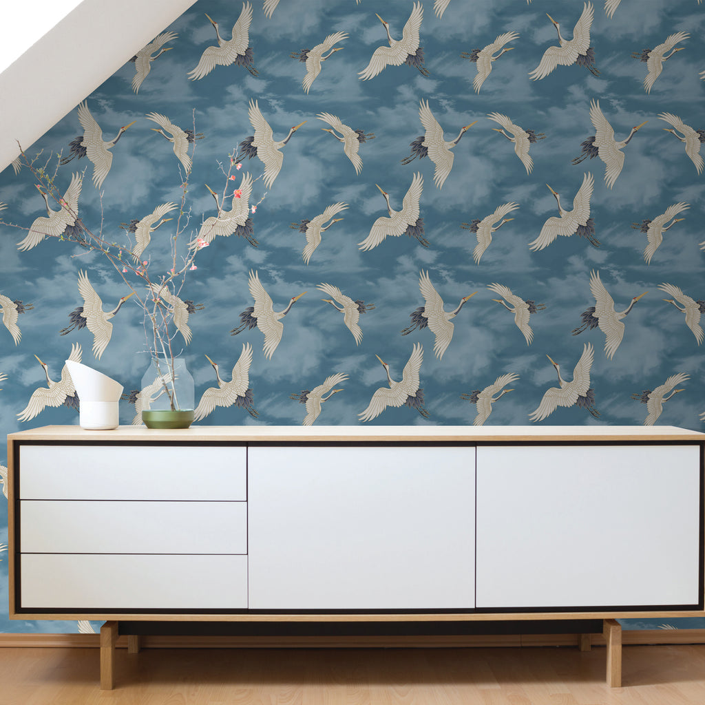 Catherine Lansfield Cranes Wallpaper in Blue