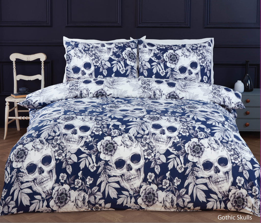 Gothic Skulls reversible duvet cover set in Navy with a detailed skull and floral design.
