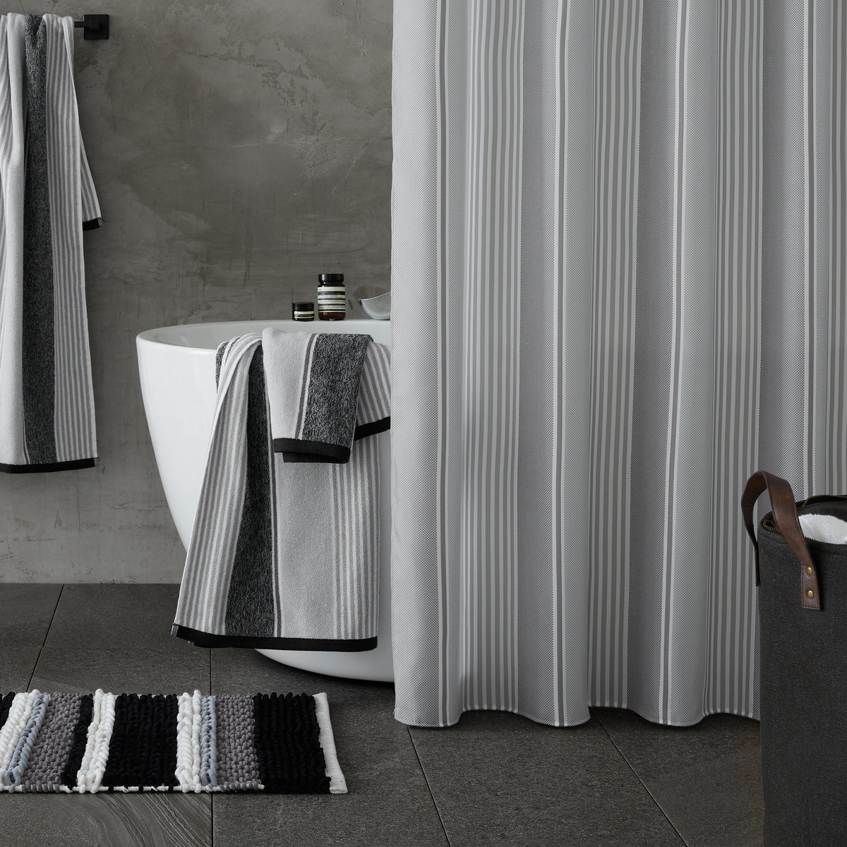 Catherine Lansfield Bathroom Textured Stripe Shower Curtain in Silver Grey 180 x 180cm