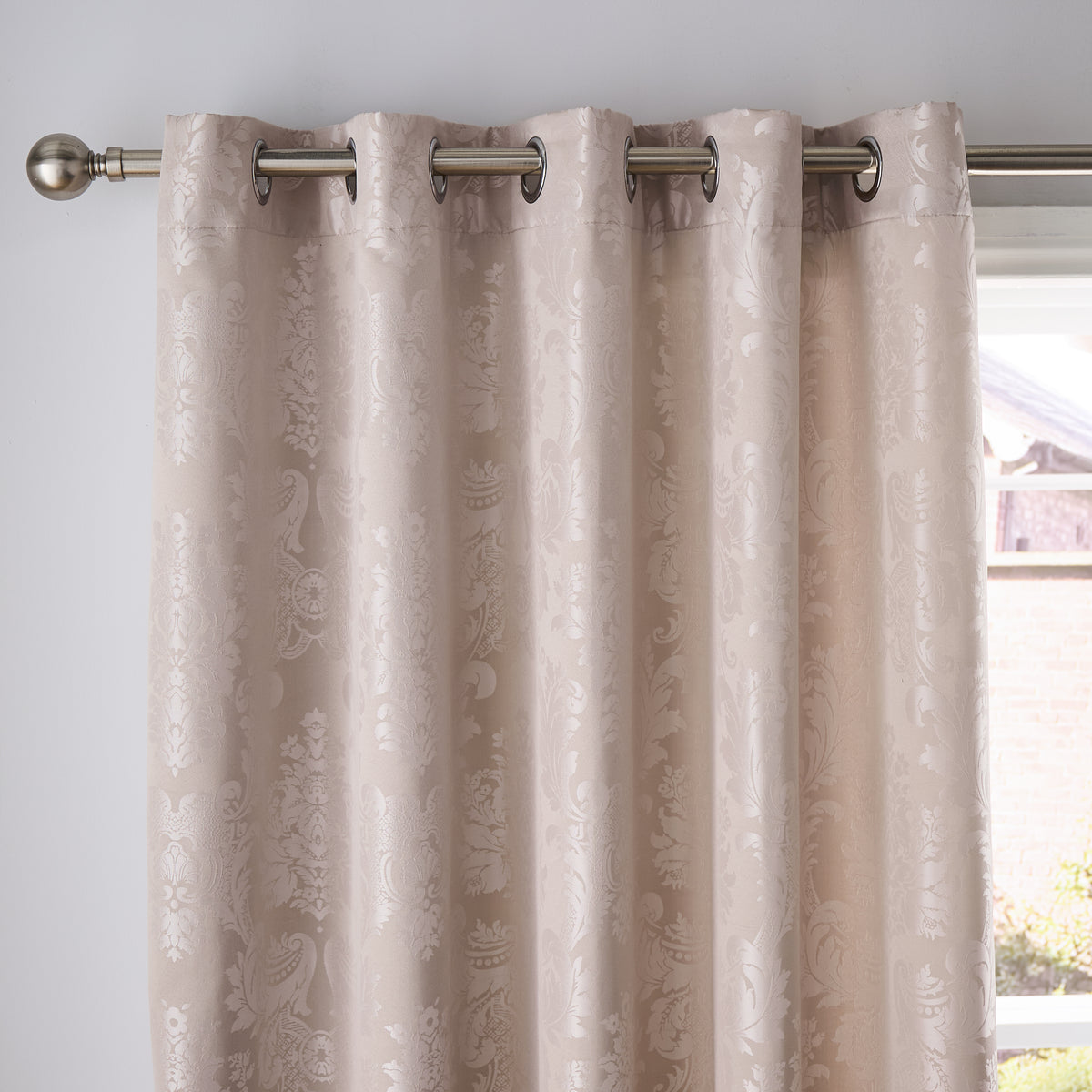 Catherine Lansfield Damask Jacquard Champagne Gold Grey Eyelet Curtains