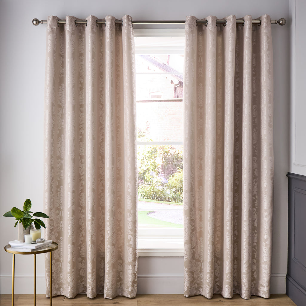 Catherine Lansfield Damask Jacquard Champagne Gold Grey Eyelet Curtains