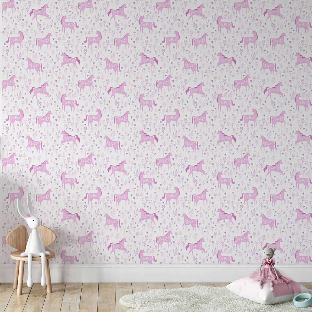 Catherine Lansfield Folk Unicorn Wallpaper in Pink