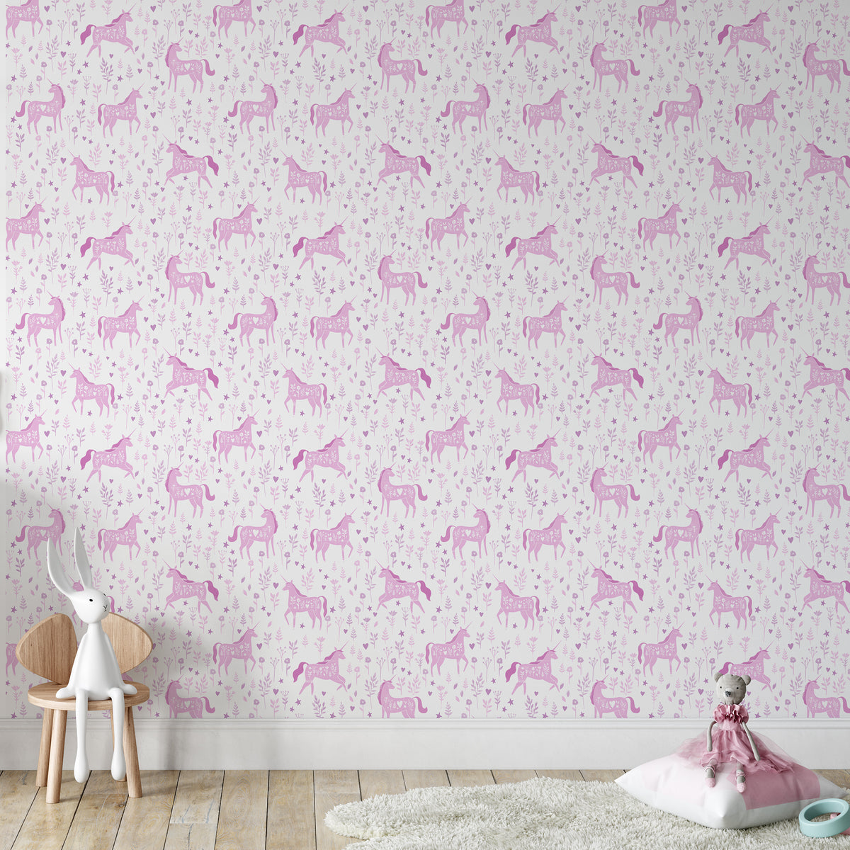 Catherine Lansfield Folk Unicorn Wallpaper in Pink