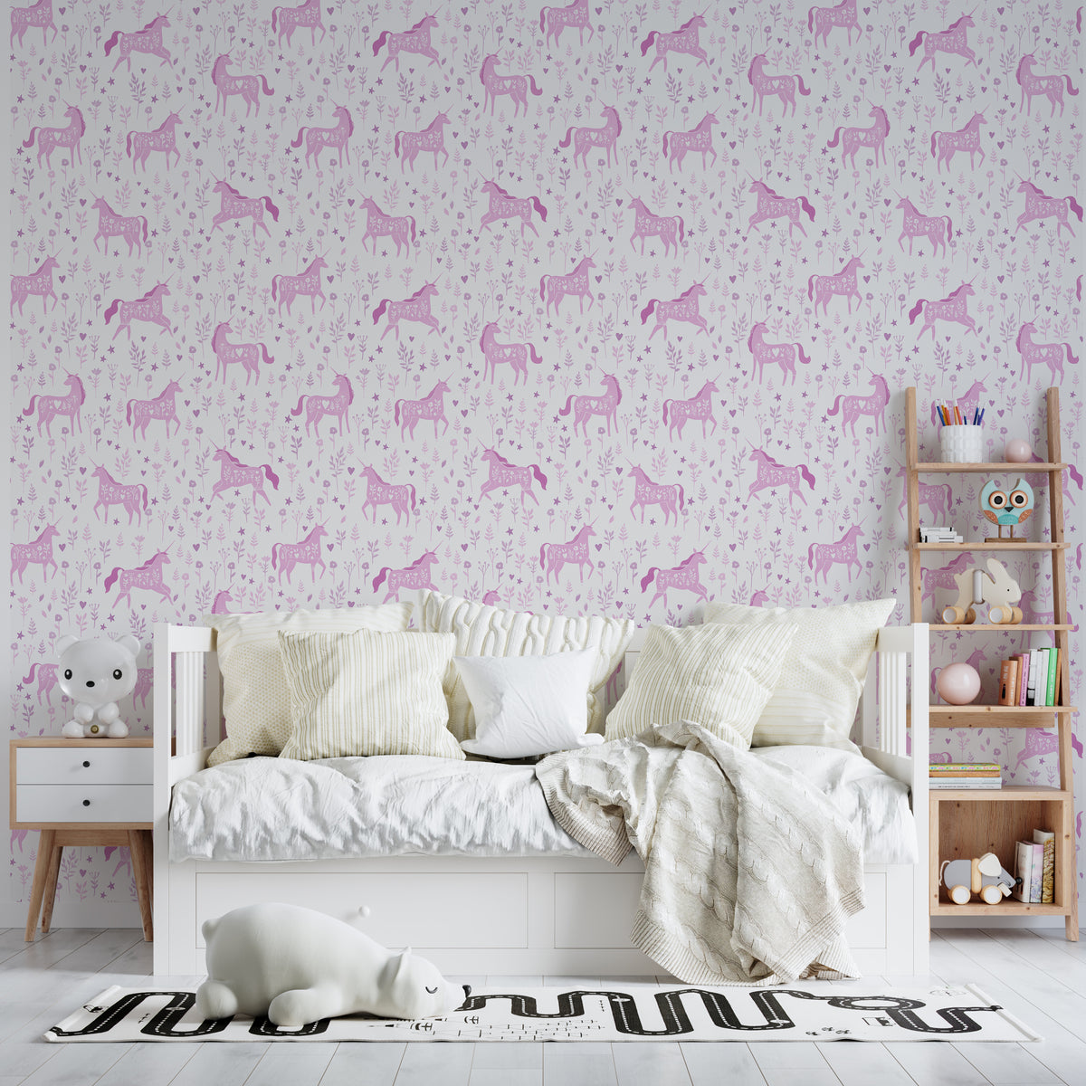 Catherine Lansfield Folk Unicorn Wallpaper in Pink