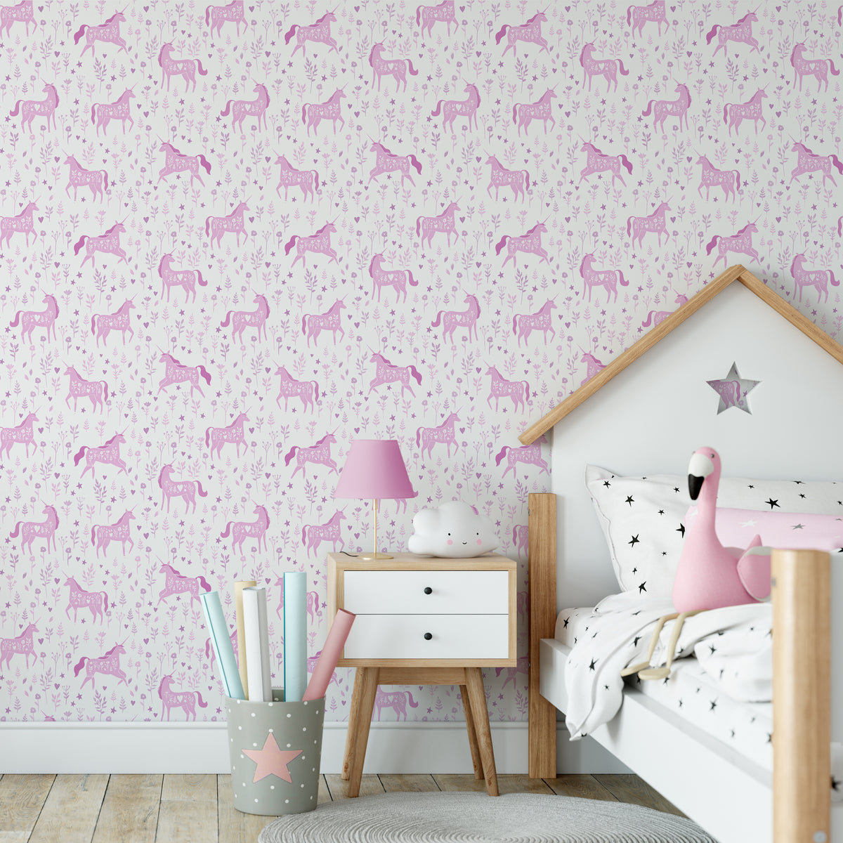 Catherine Lansfield Folk Unicorn Wallpaper in Pink