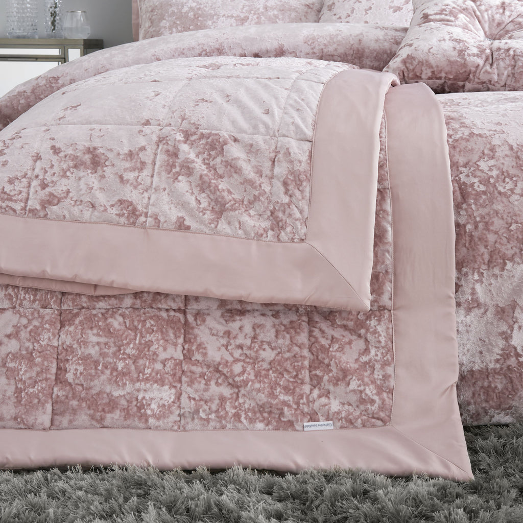 Catherine Lansfield Bedroom Crushed Velvet Quilted 220x220cm Bedspread Blush Pink