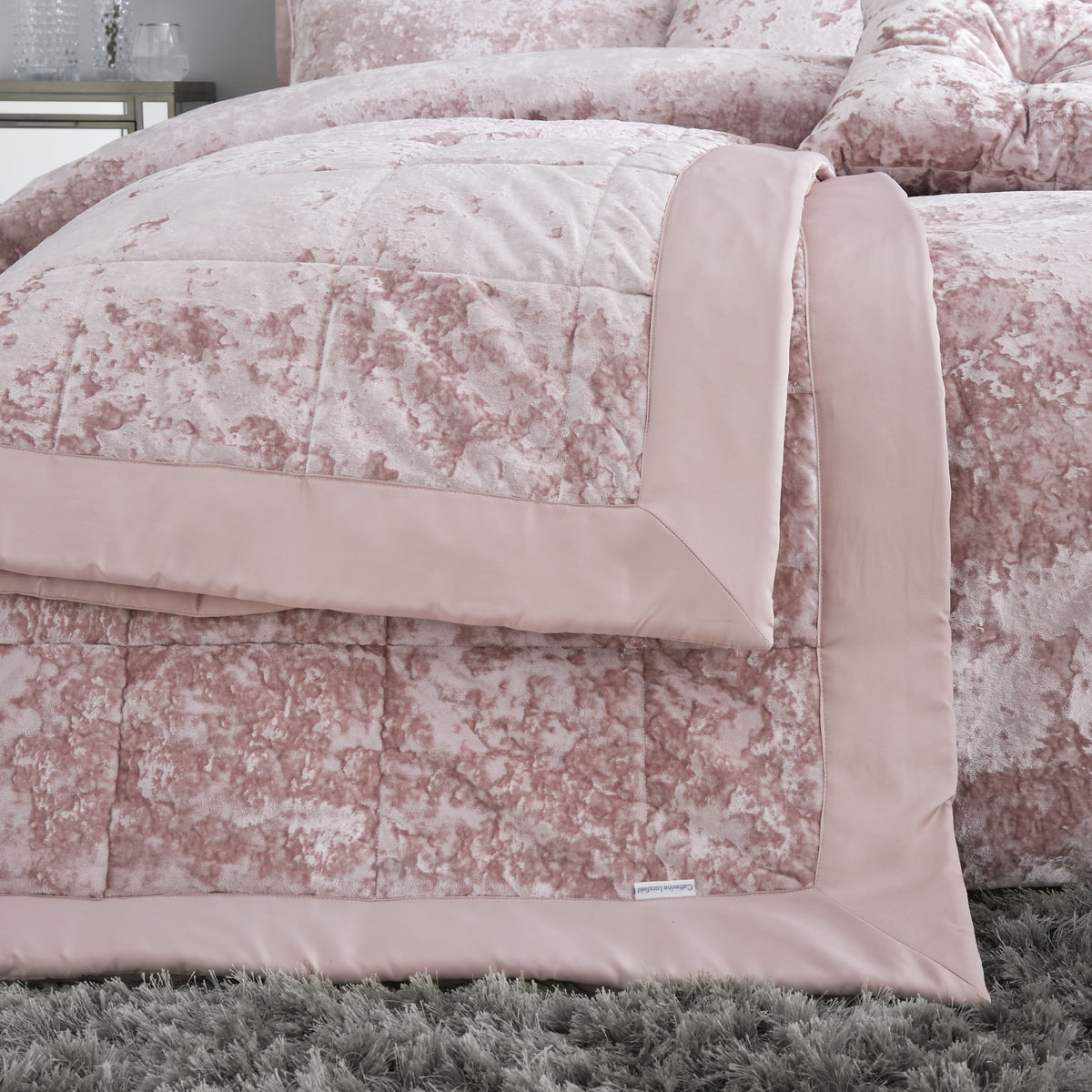 Catherine Lansfield Bedroom Crushed Velvet Quilted 220x220cm Bedspread Blush Pink