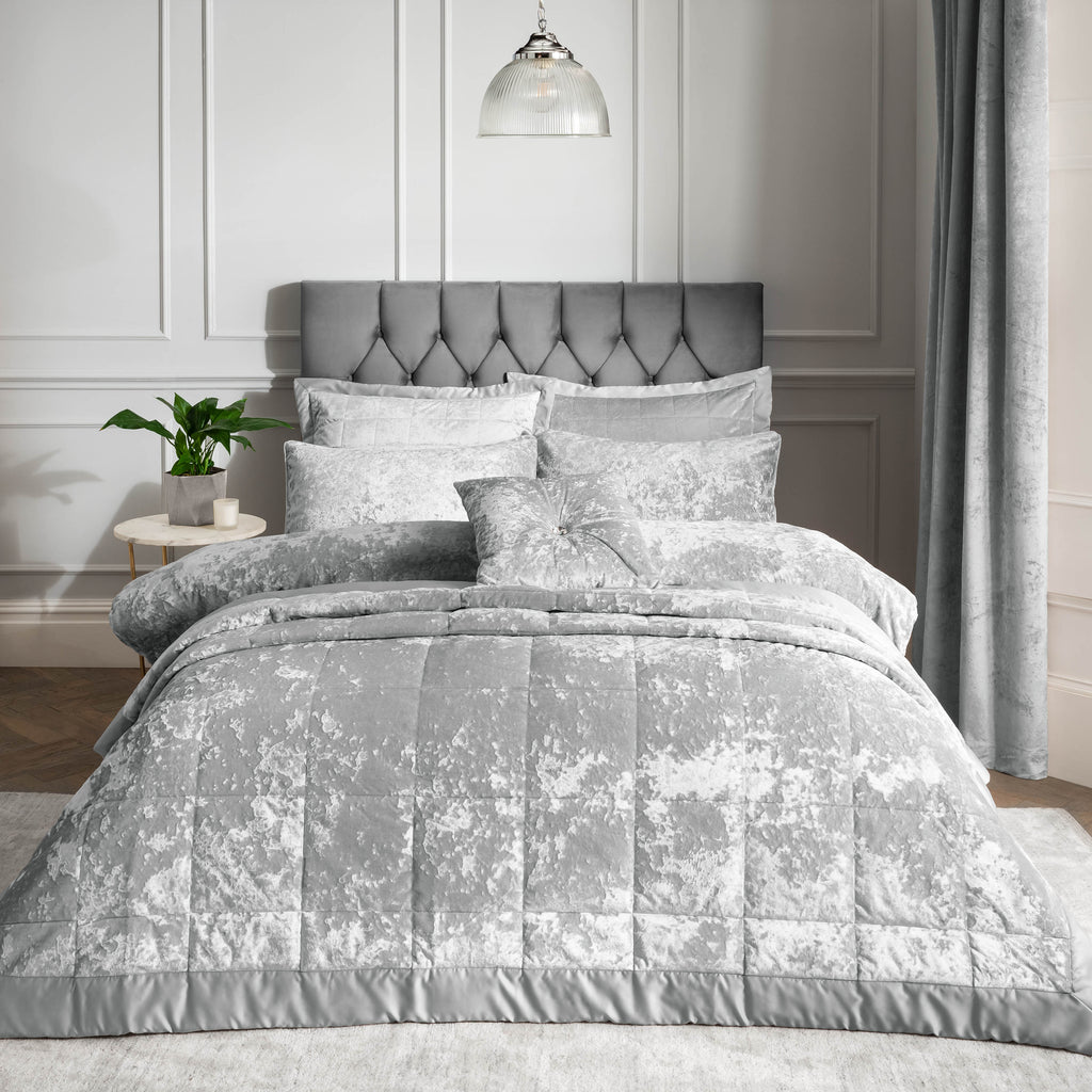 Catherine Lansfield Bedroom Crushed Velvet Quilted 220x220cm Bedspread Silver Grey