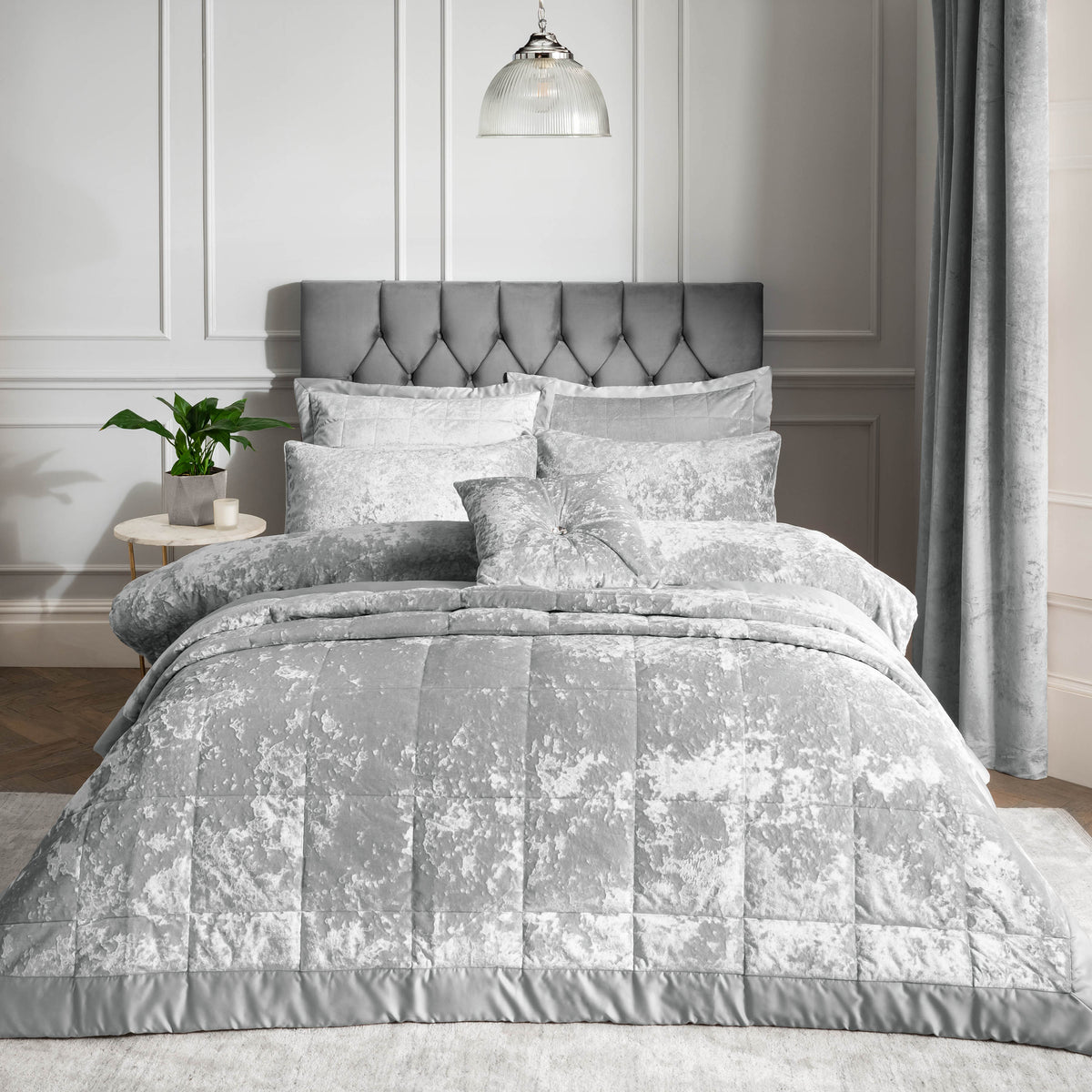 Catherine Lansfield Bedroom Crushed Velvet Quilted 220x220cm Bedspread Silver Grey