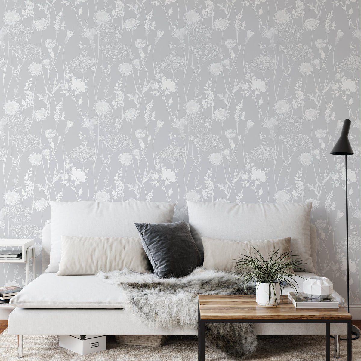 Catherine Lansfield Meadowsweet Floral Wallpaper in Grey