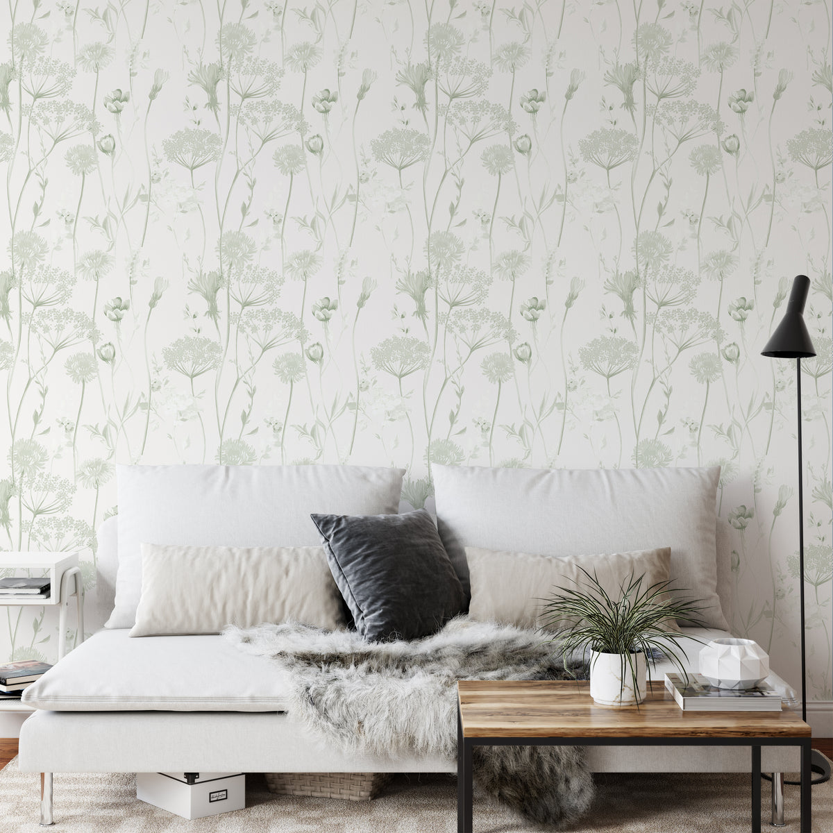 Catherine Lansfield Meadowsweet Floral Wallpaper in Sage Green