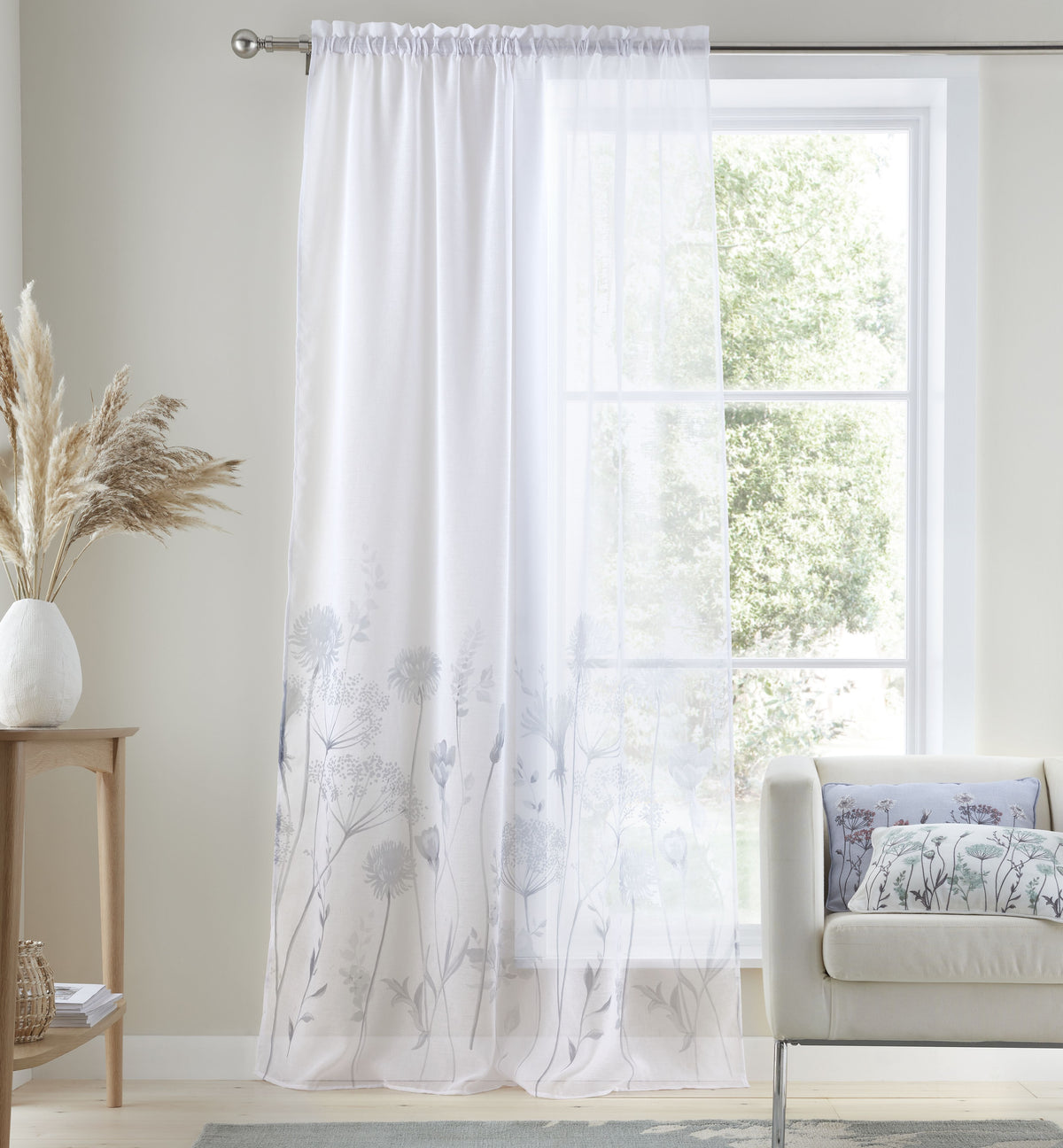 Catherine Lansfield Meadowsweet Floral Tab Top Voile Curtain Panel in White