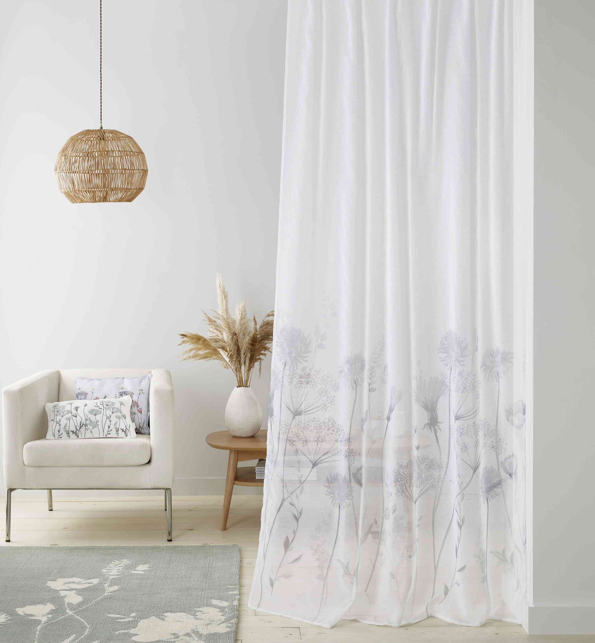 Catherine Lansfield Meadowsweet Floral Tab Top Voile Curtain Panel in White